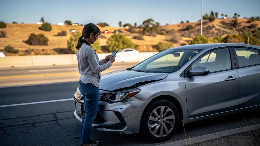 Driver documenting car damage after a crash in Santa Clarita