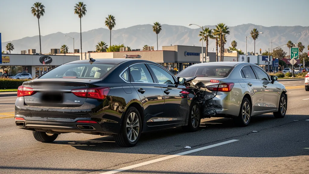 Cars stopped after a rear-end collision in Tarzana