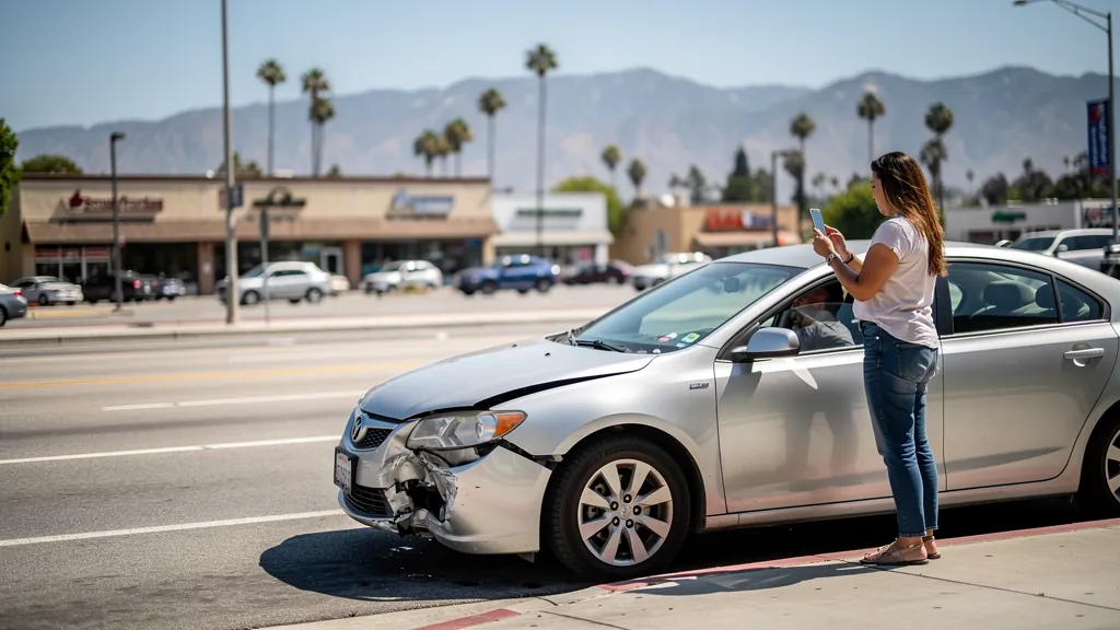 Driver documenting car damage after a crash in Tarzana