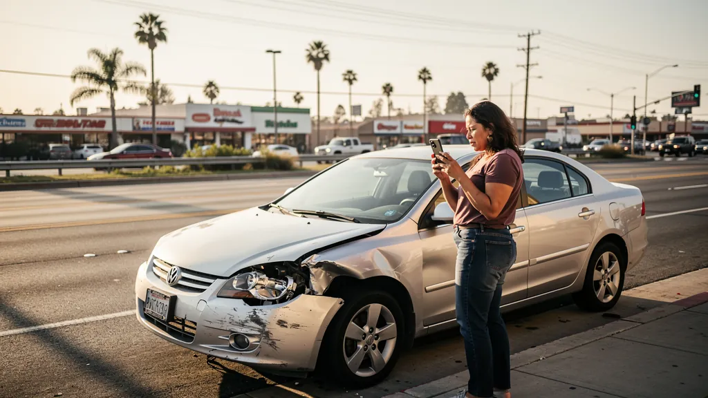 Driver documenting car damage after a crash in Van Nuys
