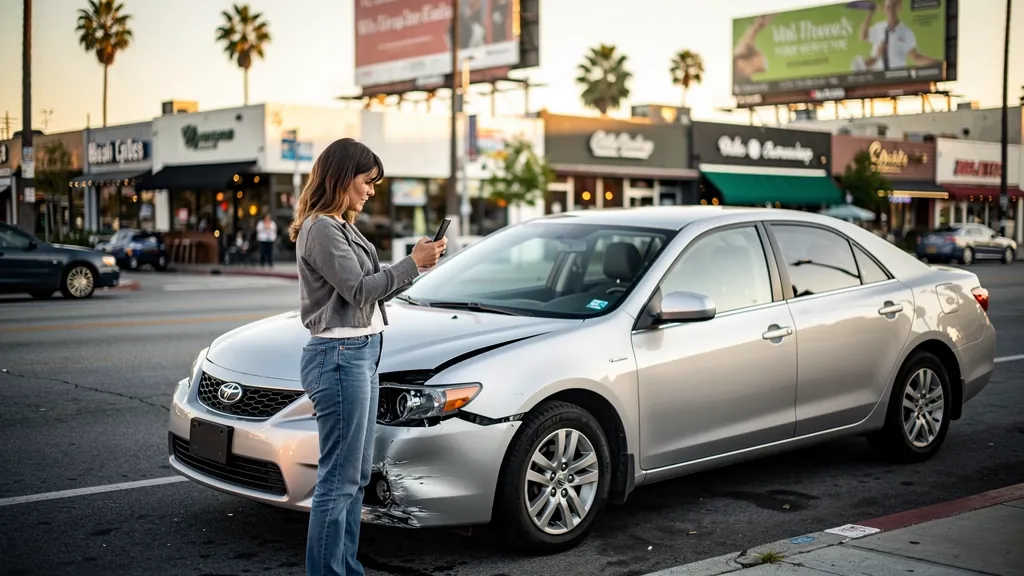 Driver documenting car damage after a crash in West Hollywood