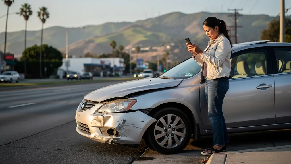 Driver documenting car damage after a crash in Whittier