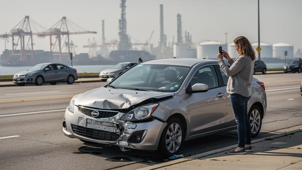 Driver documenting car damage after a crash in Wilmington