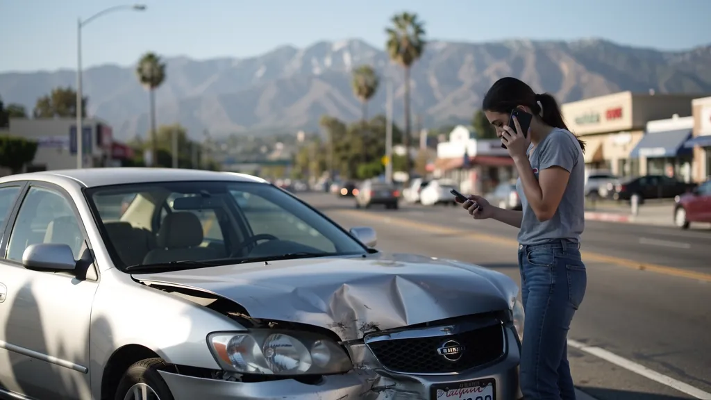 Driver documenting car damage after a crash in Woodland Hills