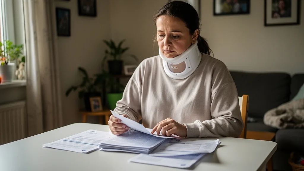 Injured person reviewing claim paperwork at home