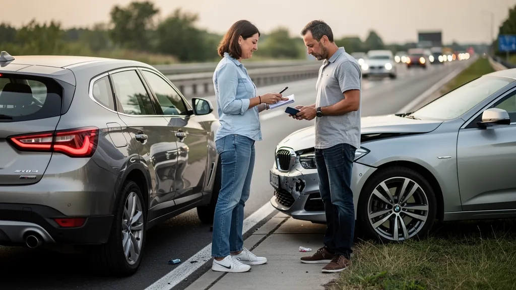 Drivers exchanging insurance information after a rear-end crash