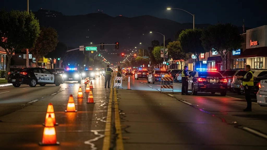 Police DUI checkpoint at night in Encino