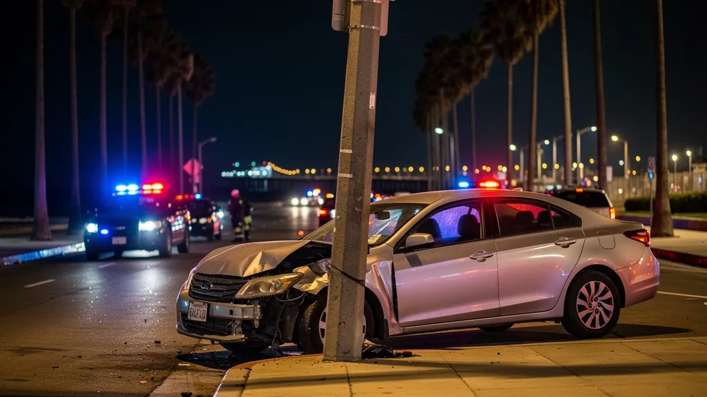 Car crashed into a pole after a drunk-driving collision in Santa Monica