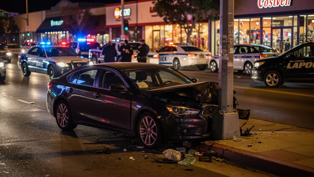 Car crashed into a pole after a drunk-driving collision in Sherman Oaks