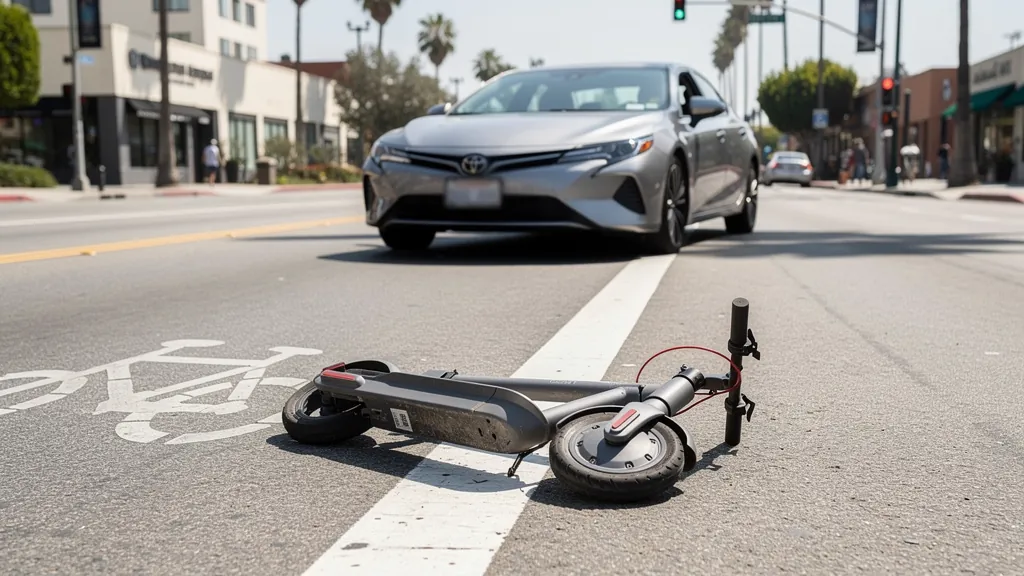 Electric scooter on the ground after a crash with a car in Los Angeles