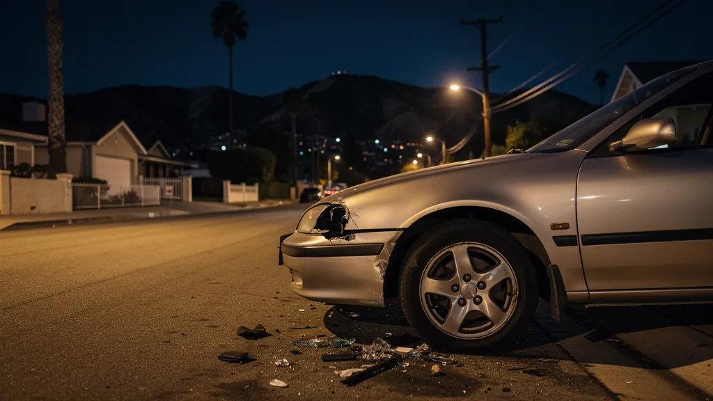 Car damaged in a hit-and-run at night in Burbank