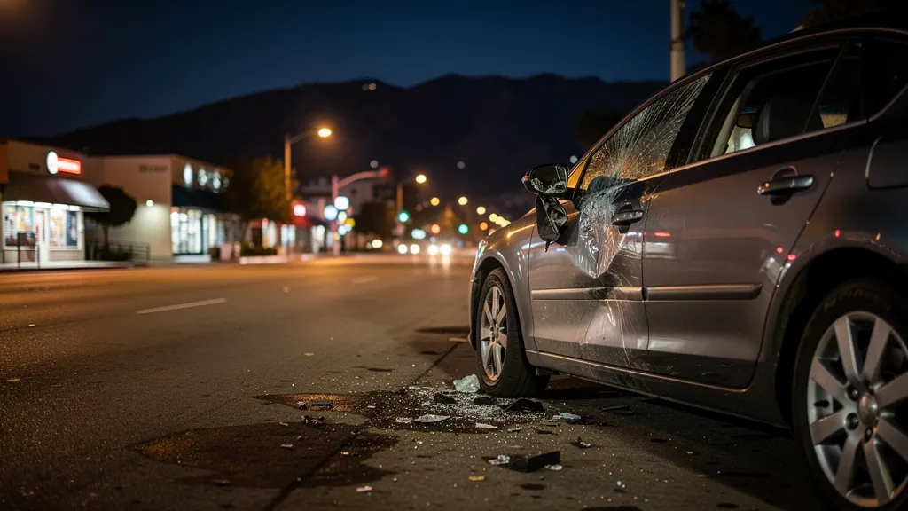 Car damaged in a hit-and-run at night in Encino
