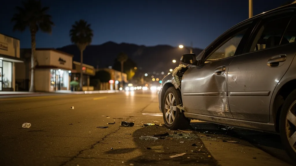 Car damaged in a hit-and-run at night in Glendale
