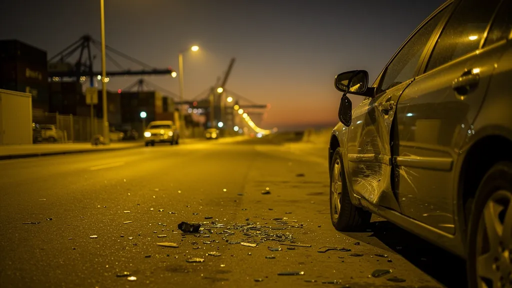 Car damaged in a hit-and-run at night in Long Beach