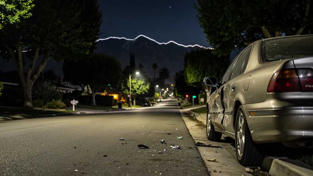 Car damaged in a hit-and-run at night in Pasadena