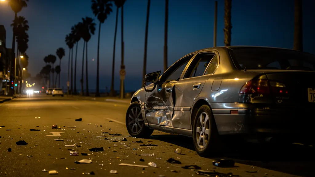 Car damaged in a hit-and-run at night in Santa Monica