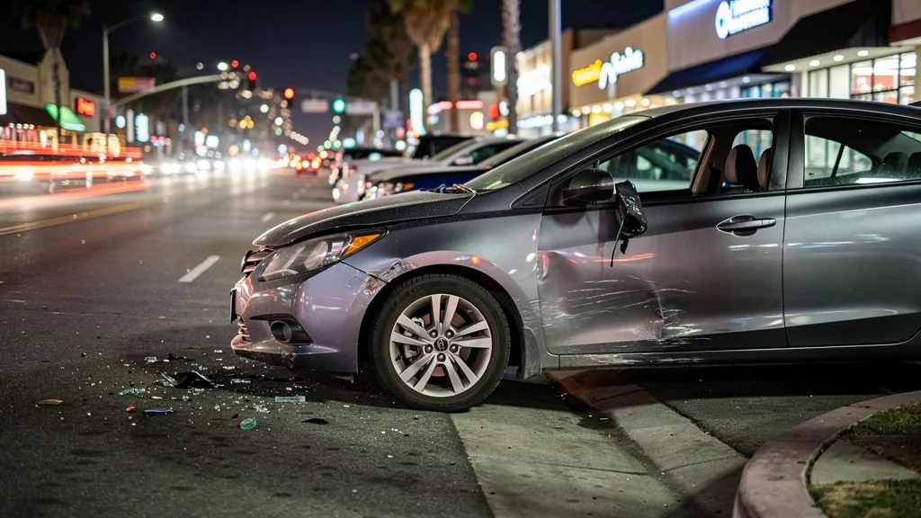 Car damaged in a hit-and-run at night in Sherman Oaks