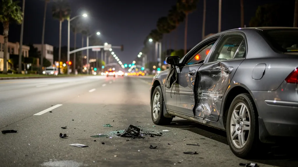 Car damaged in a hit-and-run at night in Torrance