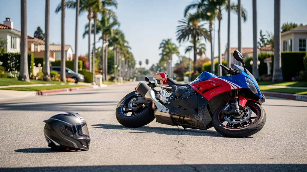 Motorcycle on its side after a crash in Beverly Hills