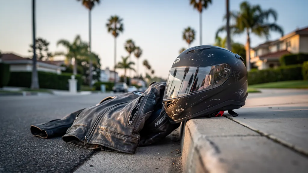 Rider's scuffed helmet and jacket after a motorcycle crash in Beverly Hills