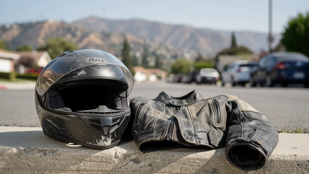Rider's scuffed helmet and jacket after a motorcycle crash in Burbank