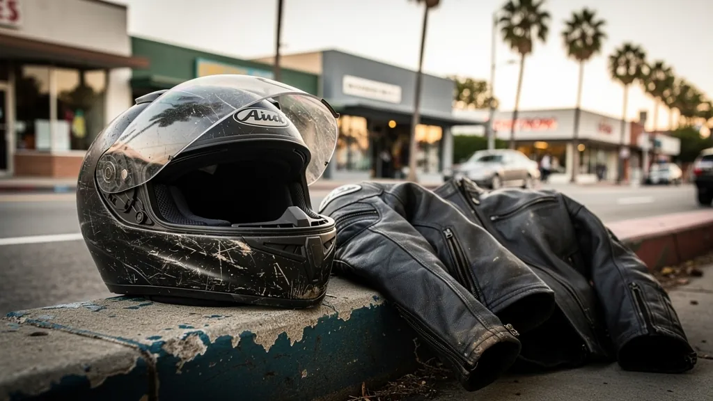 Rider's scuffed helmet and jacket after a motorcycle crash in Culver City