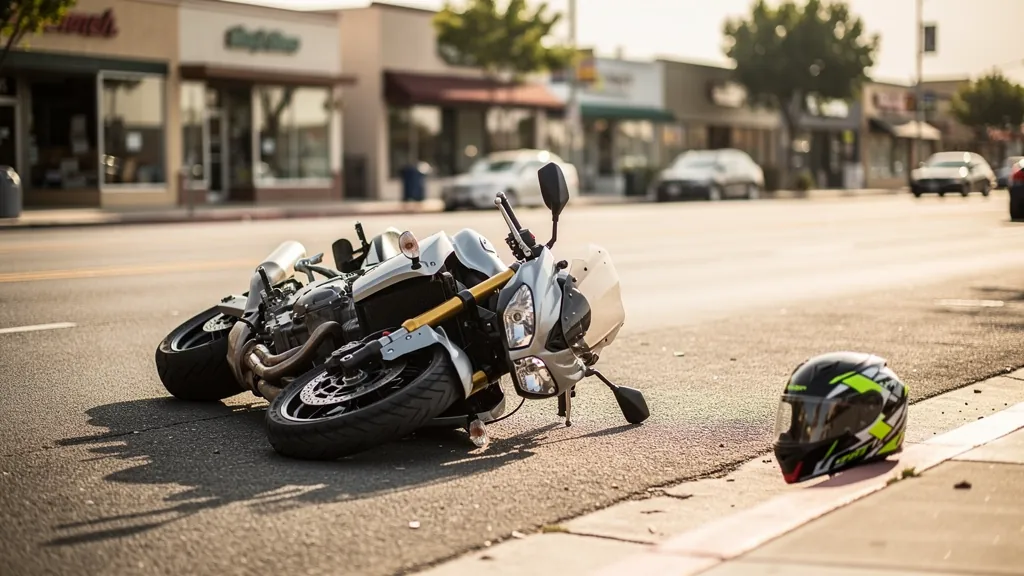 Motorcycle on its side after a crash in Downey