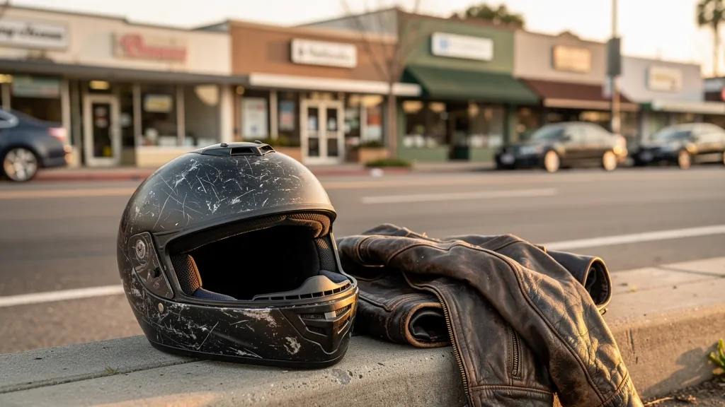 Rider's scuffed helmet and jacket after a motorcycle crash in Downey