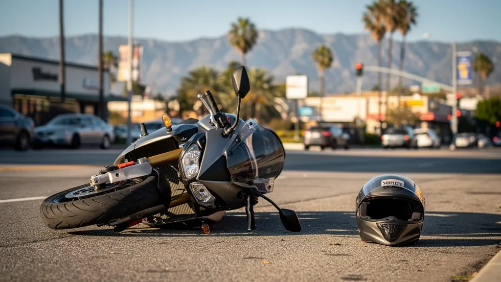 Motorcycle on its side after a crash in Encino