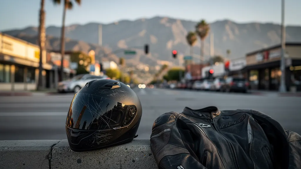 Rider's scuffed helmet and jacket after a motorcycle crash in Encino