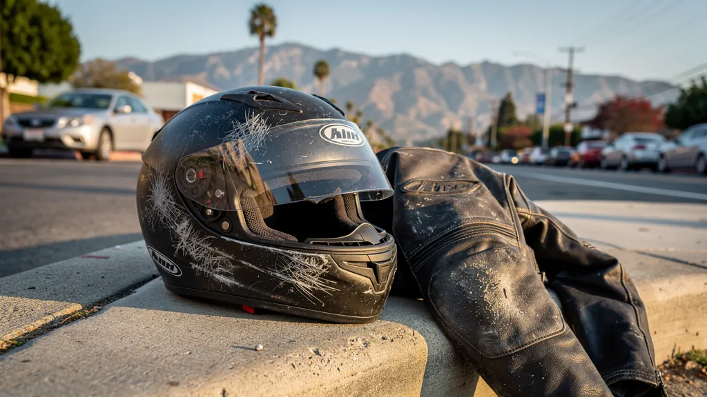 Rider's scuffed helmet and jacket after a motorcycle crash in Glendale