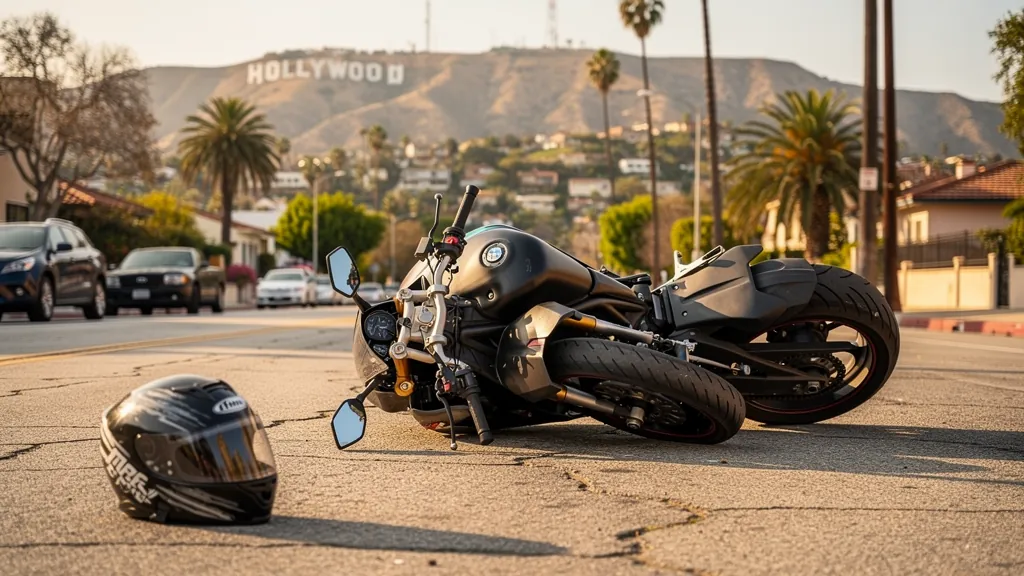 Motorcycle on its side after a crash in Hollywood