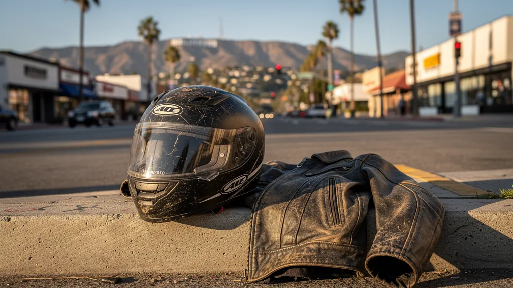 Rider's scuffed helmet and jacket after a motorcycle crash in Hollywood