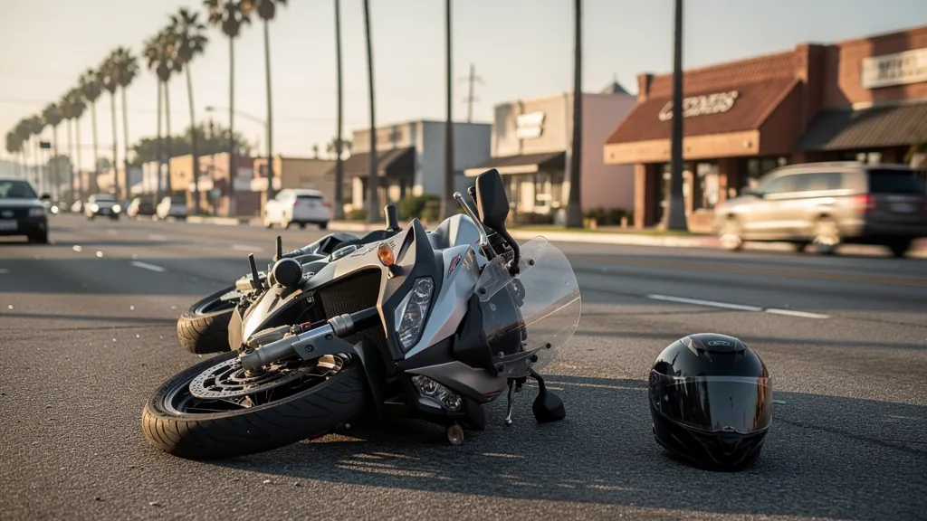 Motorcycle on its side after a crash in Inglewood