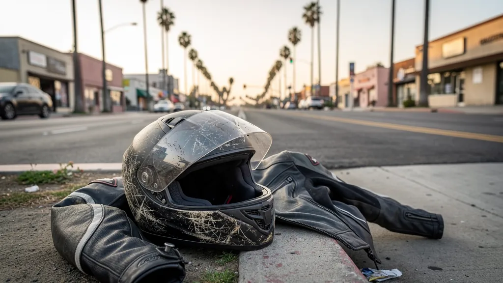 Rider's scuffed helmet and jacket after a motorcycle crash in Inglewood