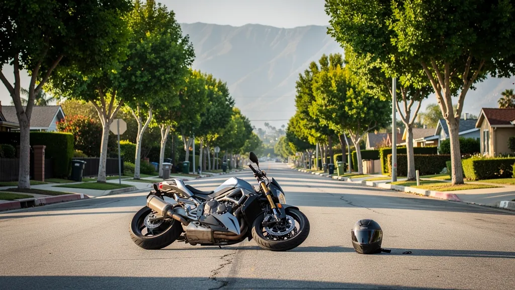 Motorcycle on its side after a crash in Pasadena