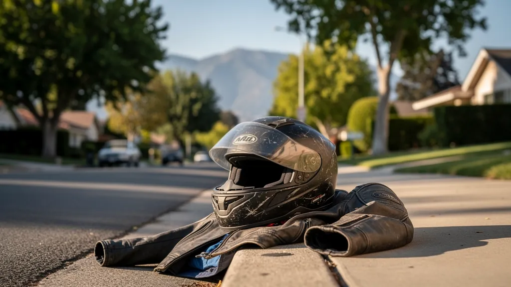 Rider's scuffed helmet and jacket after a motorcycle crash in Pasadena