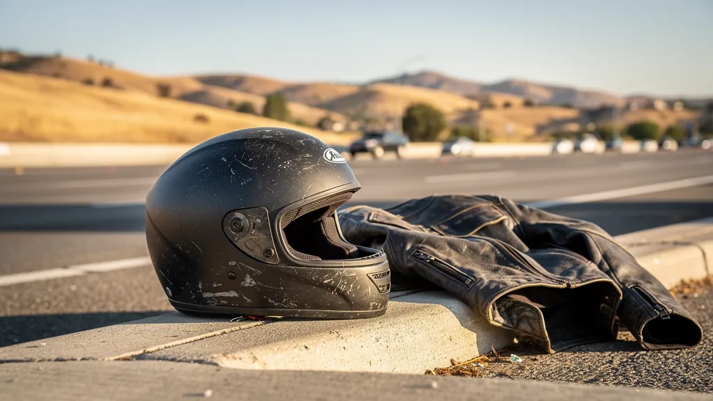 Rider's scuffed helmet and jacket after a motorcycle crash in Santa Clarita