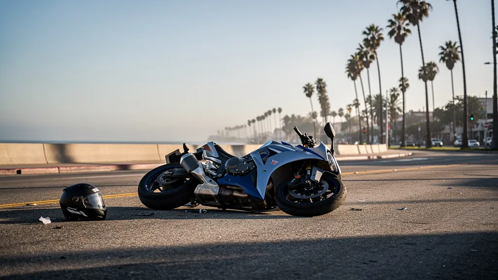 Motorcycle on its side after a crash in Santa Monica