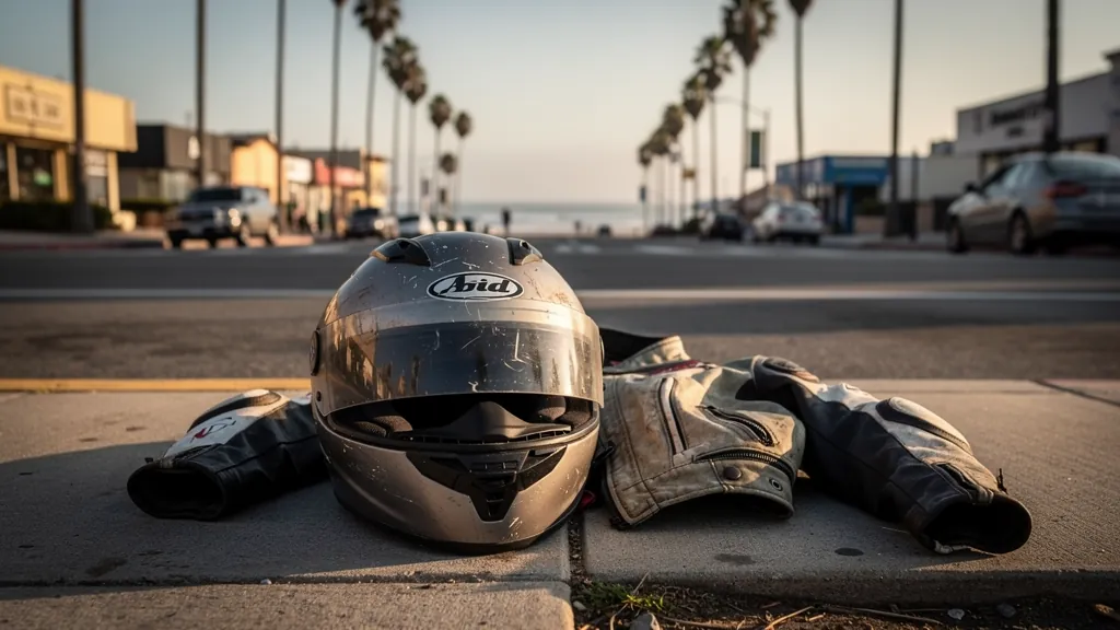 Rider's scuffed helmet and jacket after a motorcycle crash in Santa Monica