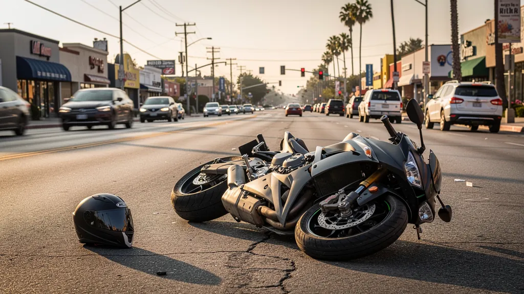 Motorcycle on its side after a crash in Sherman Oaks