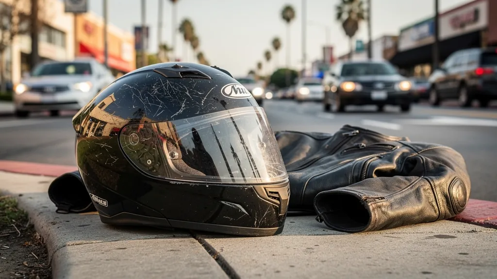 Rider's scuffed helmet and jacket after a motorcycle crash in Sherman Oaks