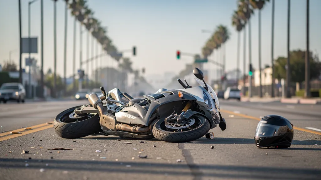 Motorcycle on its side after a crash in Torrance