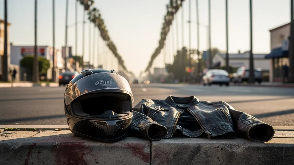 Rider's scuffed helmet and jacket after a motorcycle crash in Torrance