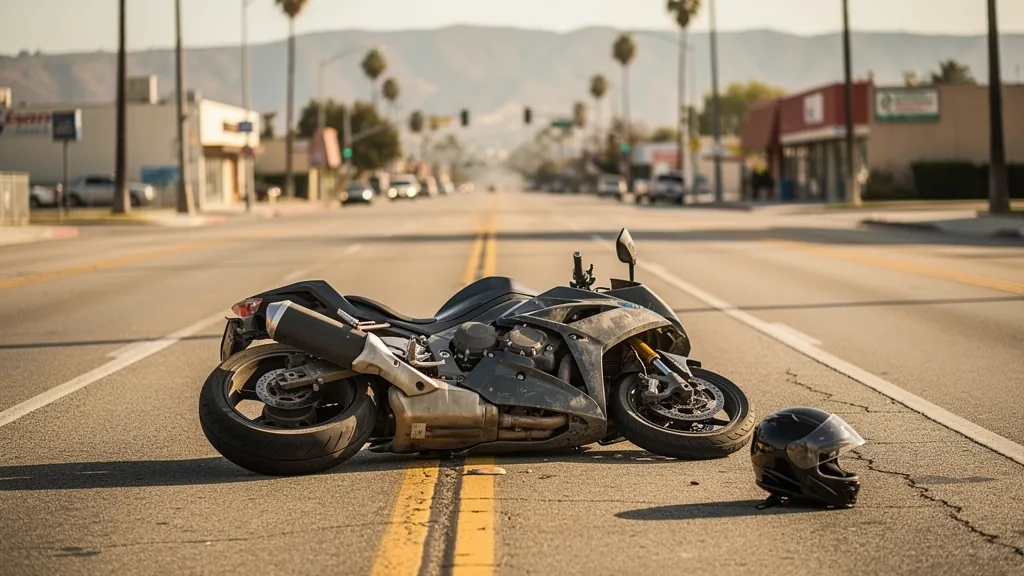 Motorcycle on its side after a crash in Van Nuys