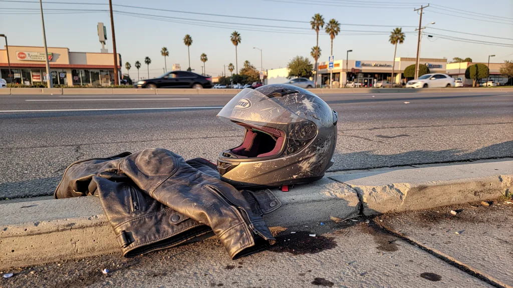 Rider's scuffed helmet and jacket after a motorcycle crash in Van Nuys