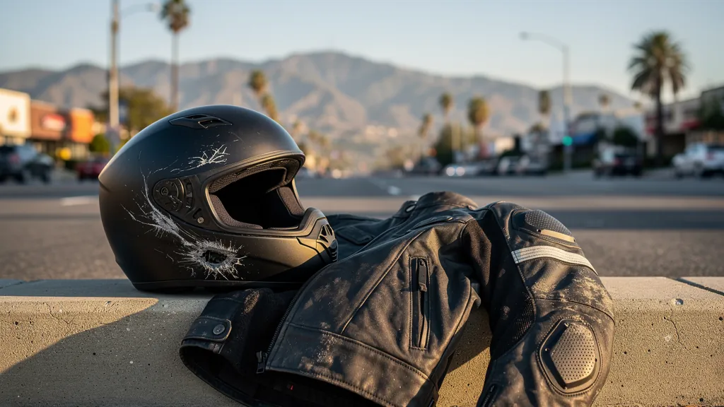 Rider's scuffed helmet and jacket after a motorcycle crash in Woodland Hills