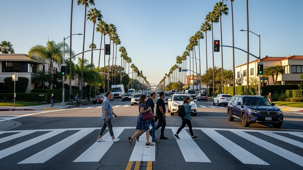 Busy crosswalk where pedestrians cross traffic in Beverly Hills