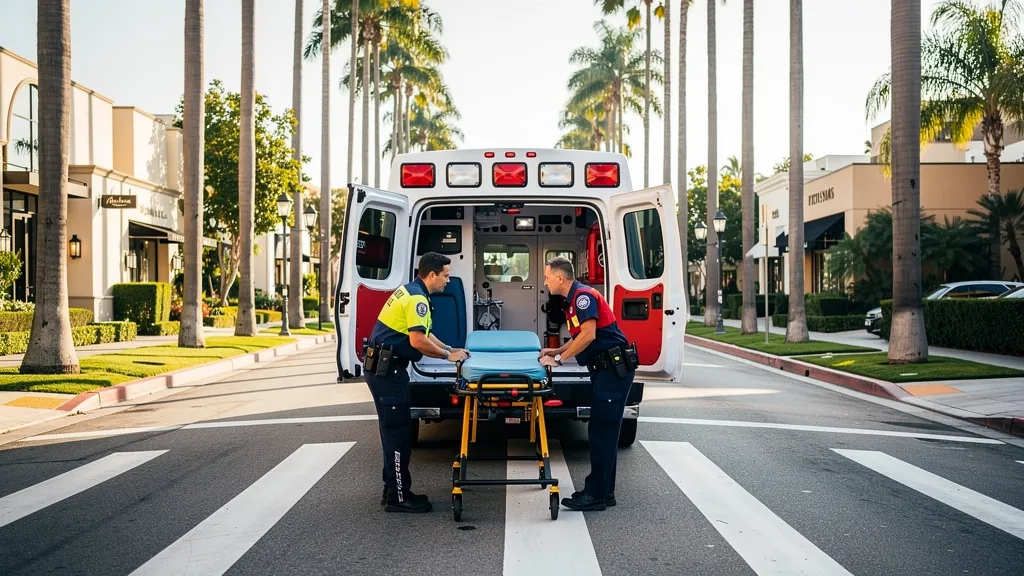 Paramedics responding near a crosswalk in Beverly Hills