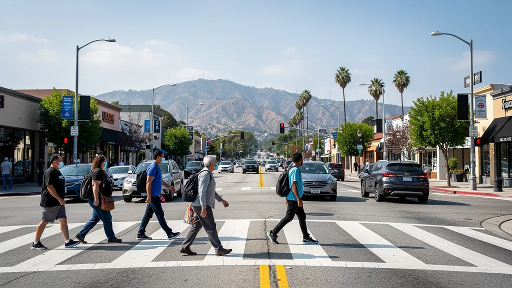 Busy crosswalk where pedestrians cross traffic in Burbank